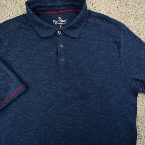 Nat Nast Mens Blue Polo Shirt Size Large Short Sleeve Polycotton Red Accent - Picture 9 of 12